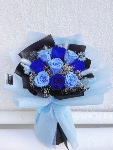 天長地久混藍9枝保鮮玫瑰花束｜保鮮花 永生花生日花束 9 blue preserved rose bouquet