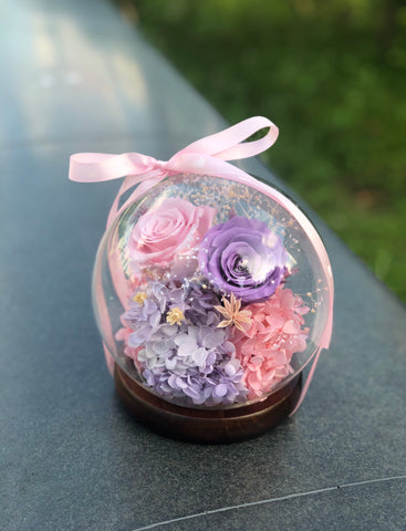 (情人節預訂）相愛-粉紅粉紫玫瑰花水晶球保鮮花 永生花Pink Purple Rose Preserved Flowers Crystal Ball Gift