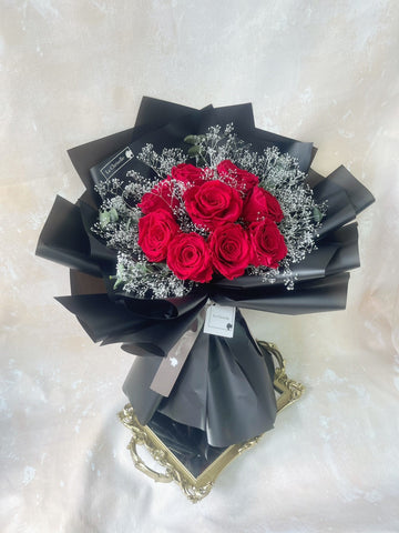 （情人節預訂）天長地久9枝紅色保鮮玫瑰花束 Forever Love Preserved Rose  Flower Bouquet