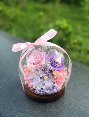 (情人節預訂）相愛-粉紅粉紫玫瑰花水晶球保鮮花 永生花Pink Purple Rose Preserved Flowers Crystal Ball Gift