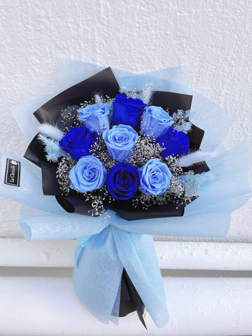 天長地久混藍9枝保鮮玫瑰花束｜保鮮花 永生花生日花束 9 blue preserved rose bouquet