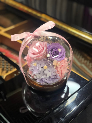 (情人節預訂）相愛-粉紅粉紫玫瑰花水晶球保鮮花 永生花Pink Purple Rose Preserved Flowers Crystal Ball Gift