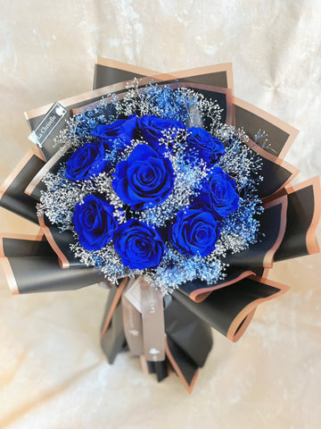 天長地久9 枝貴族藍保鮮玫瑰花永生花束 Forever Love 9 Navy Blue Preserved Roses Bouquet