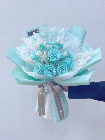 （情人節預訂）Tiffany Blue 天長地久9 枝，保鮮玫瑰花永生花束  生日求婚花束Tiffany Blue Forever Love Preserved Roses Bouquet