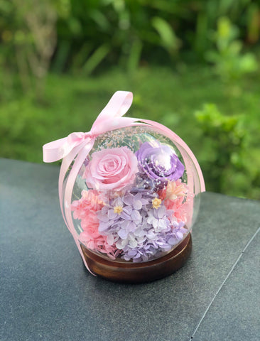 (情人節預訂）相愛-粉紅粉紫玫瑰花水晶球保鮮花 永生花Pink Purple Rose Preserved Flowers Crystal Ball Gift